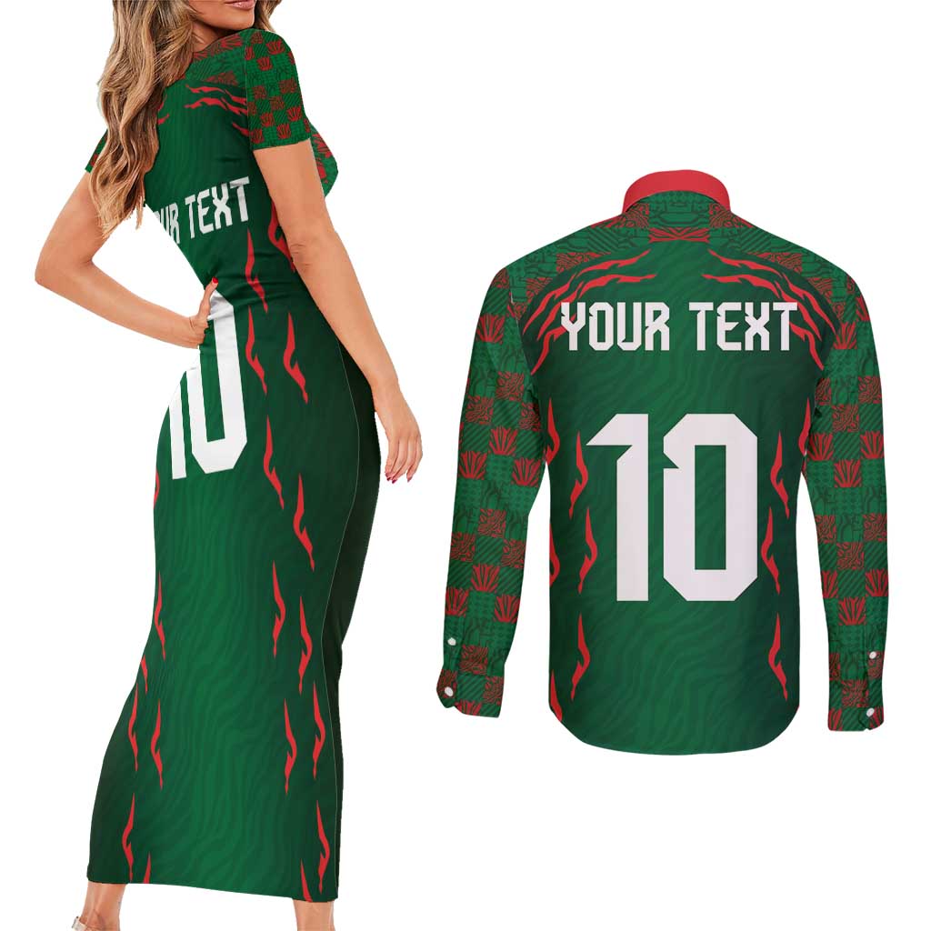 Custom Bangladesh Football Couples Matching Short Sleeve Bodycon Dress and Long Sleeve Button Shirt Bengal Tigers Green-Red Warriors