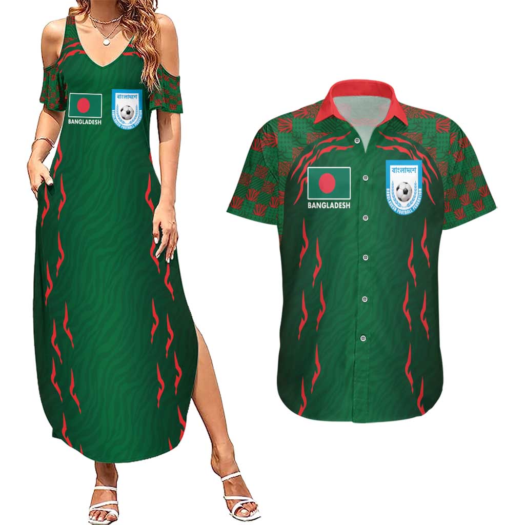 Custom Bangladesh Football Couples Matching Summer Maxi Dress and Hawaiian Shirt Bengal Tigers Green-Red Warriors