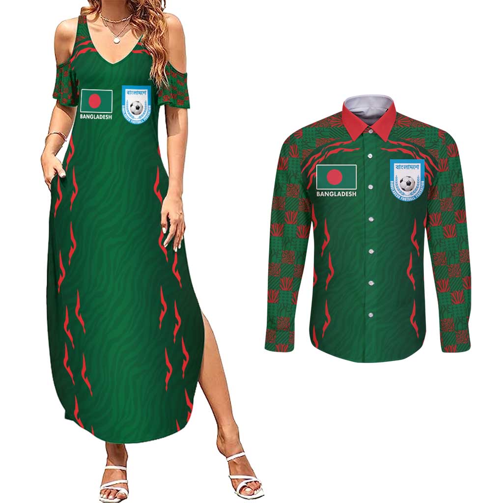 Custom Bangladesh Football Couples Matching Summer Maxi Dress and Long Sleeve Button Shirt Bengal Tigers Green-Red Warriors