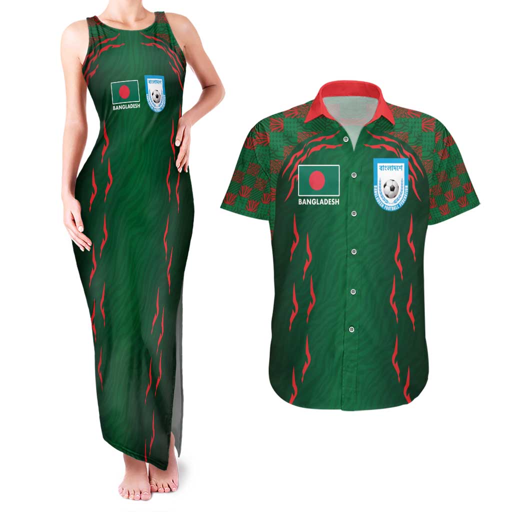 Custom Bangladesh Football Couples Matching Tank Maxi Dress and Hawaiian Shirt Bengal Tigers Green-Red Warriors