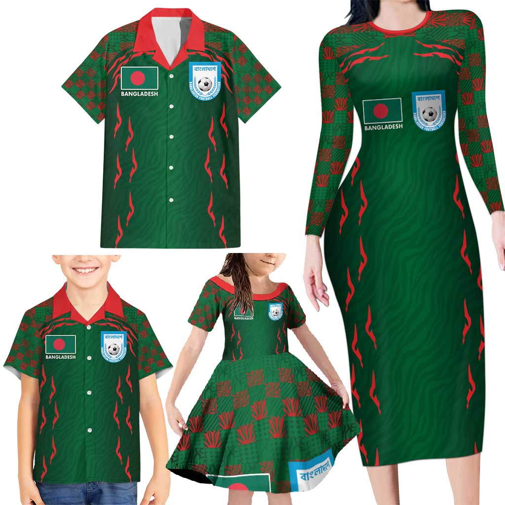 Custom Bangladesh Football Family Matching Long Sleeve Bodycon Dress and Hawaiian Shirt Bengal Tigers Green-Red Warriors