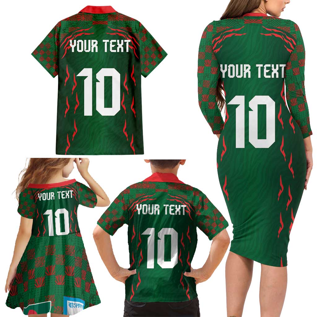 Custom Bangladesh Football Family Matching Long Sleeve Bodycon Dress and Hawaiian Shirt Bengal Tigers Green-Red Warriors