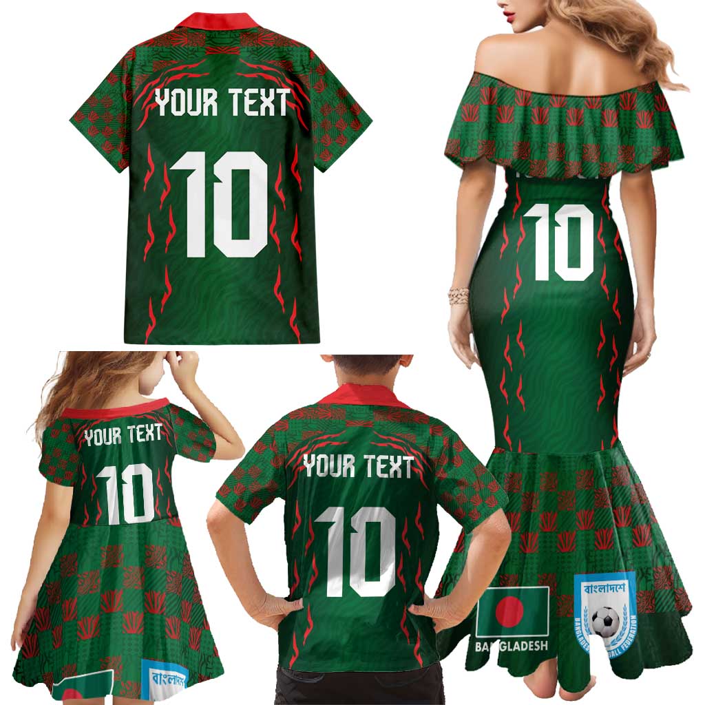 Custom Bangladesh Football Family Matching Mermaid Dress and Hawaiian Shirt Bengal Tigers Green-Red Warriors