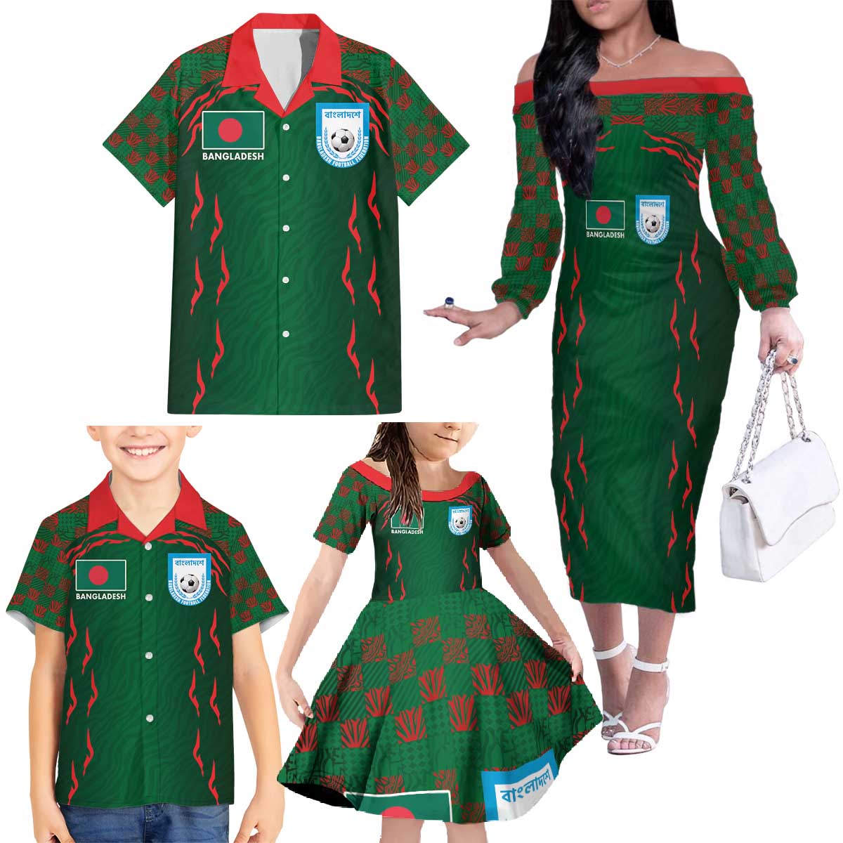 Custom Bangladesh Football Family Matching Off The Shoulder Long Sleeve Dress and Hawaiian Shirt Bengal Tigers Green-Red Warriors
