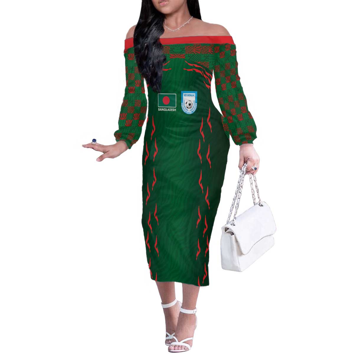 Custom Bangladesh Football Family Matching Off The Shoulder Long Sleeve Dress and Hawaiian Shirt Bengal Tigers Green-Red Warriors