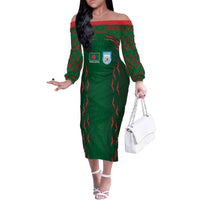 Custom Bangladesh Football Family Matching Off The Shoulder Long Sleeve Dress and Hawaiian Shirt Bengal Tigers Green-Red Warriors