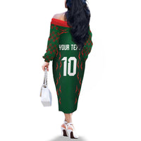 Custom Bangladesh Football Family Matching Off The Shoulder Long Sleeve Dress and Hawaiian Shirt Bengal Tigers Green-Red Warriors