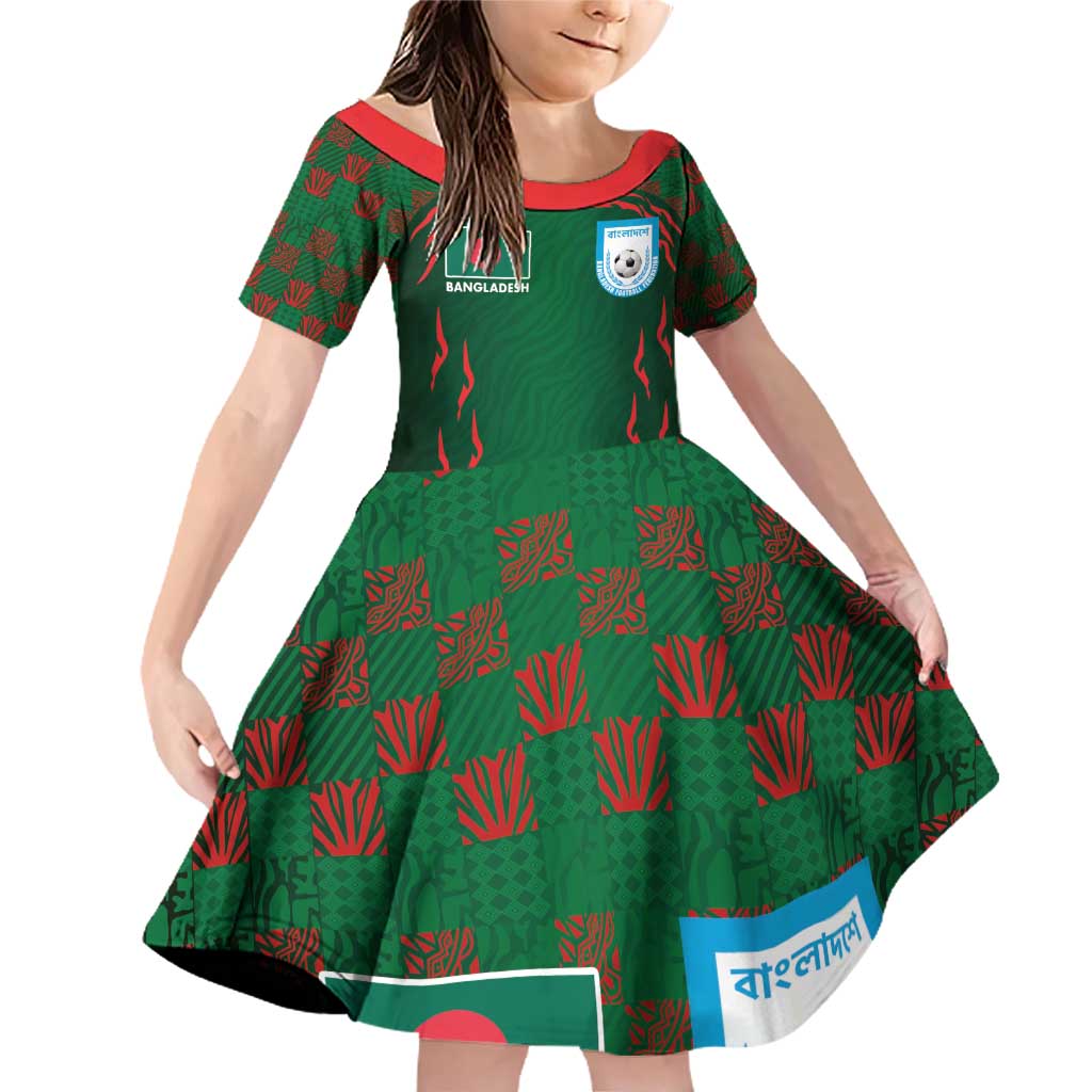 Custom Bangladesh Football Family Matching Off Shoulder Short Dress and Hawaiian Shirt Bengal Tigers Green-Red Warriors