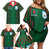 Custom Bangladesh Football Family Matching Off Shoulder Short Dress and Hawaiian Shirt Bengal Tigers Green-Red Warriors