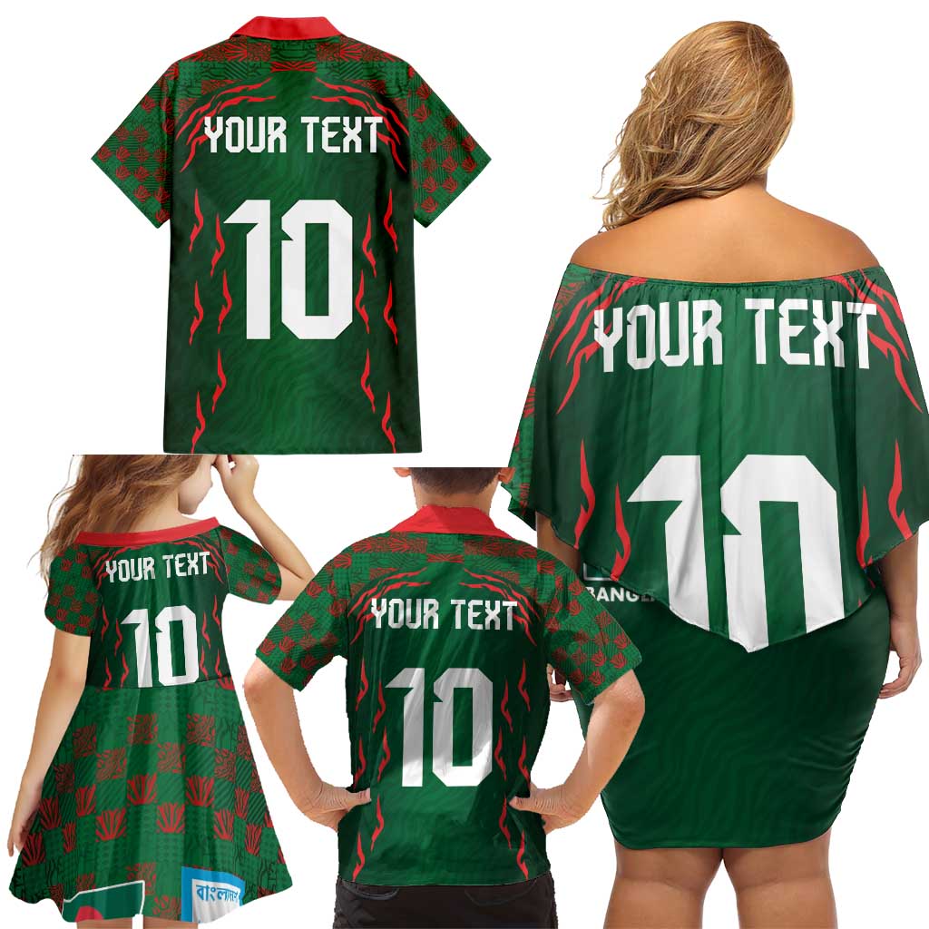 Custom Bangladesh Football Family Matching Off Shoulder Short Dress and Hawaiian Shirt Bengal Tigers Green-Red Warriors