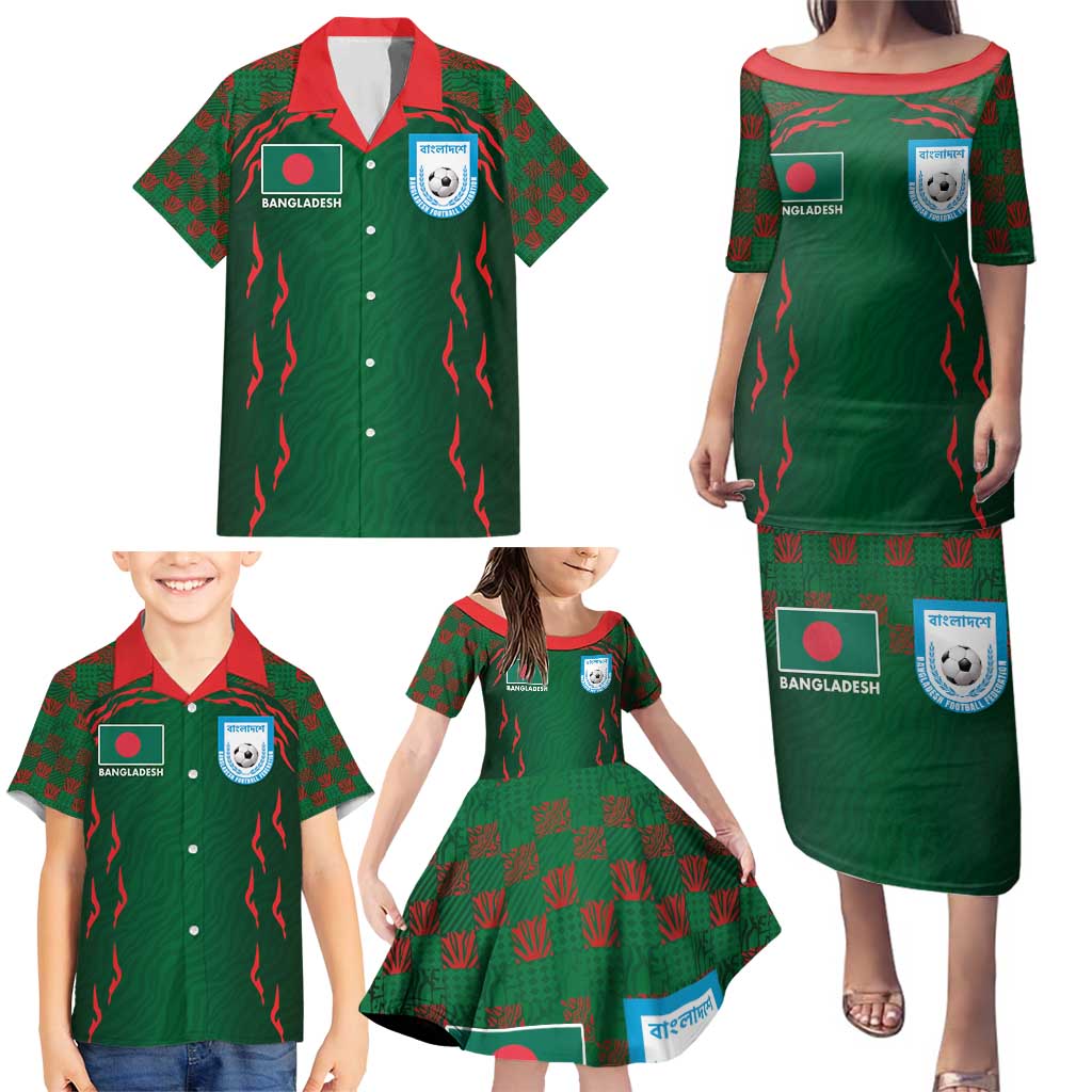 Custom Bangladesh Football Family Matching Puletasi and Hawaiian Shirt Bengal Tigers Green-Red Warriors