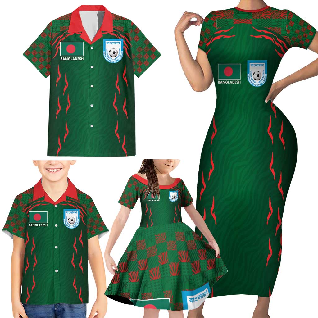 Custom Bangladesh Football Family Matching Short Sleeve Bodycon Dress and Hawaiian Shirt Bengal Tigers Green-Red Warriors