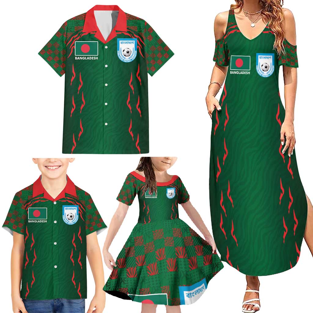 Custom Bangladesh Football Family Matching Summer Maxi Dress and Hawaiian Shirt Bengal Tigers Green-Red Warriors