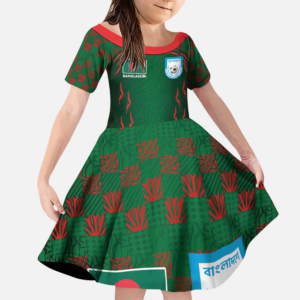 Custom Bangladesh Football Kid Short Sleeve Dress Bengal Tigers Green-Red Warriors