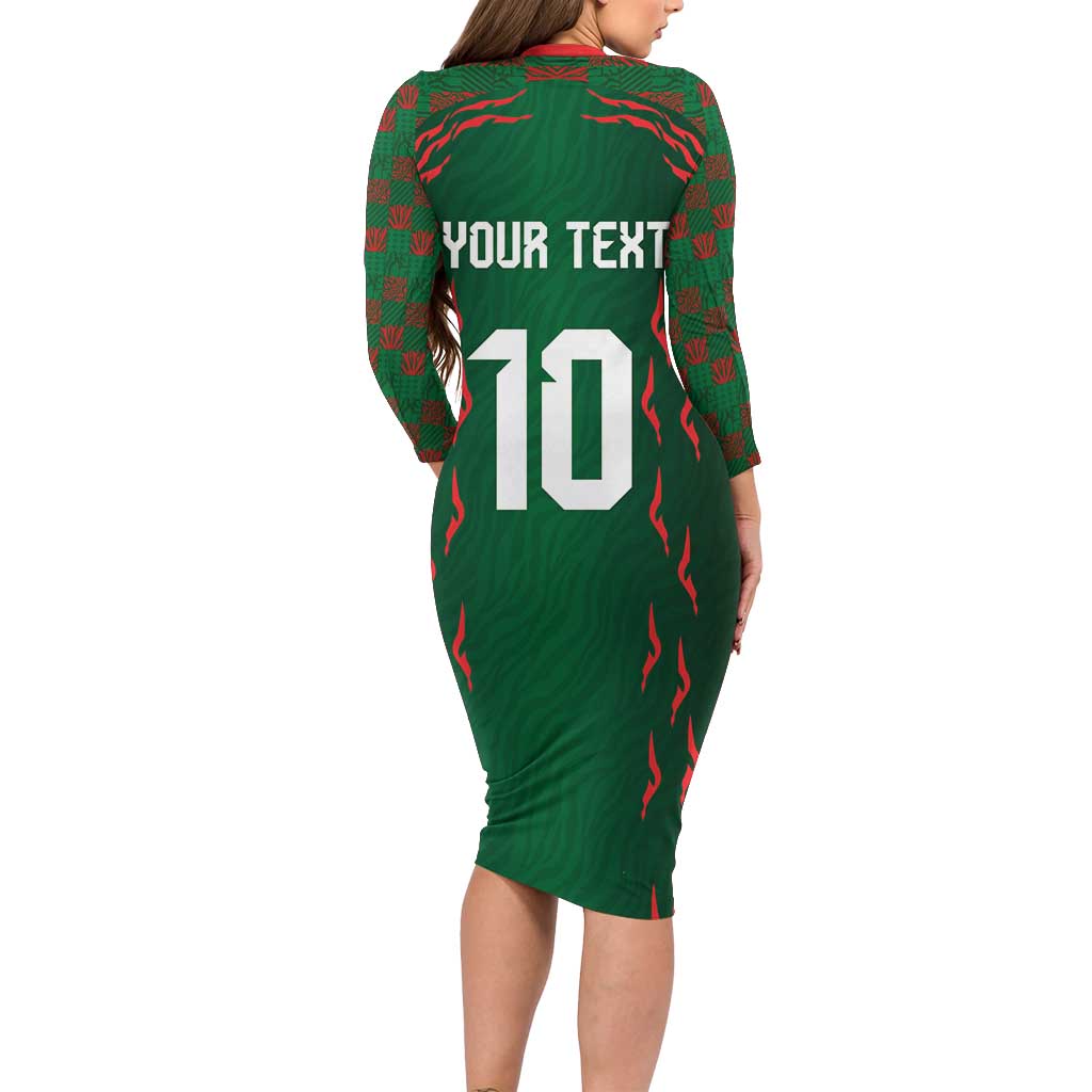 Custom Bangladesh Football Long Sleeve Bodycon Dress Bengal Tigers Green-Red Warriors