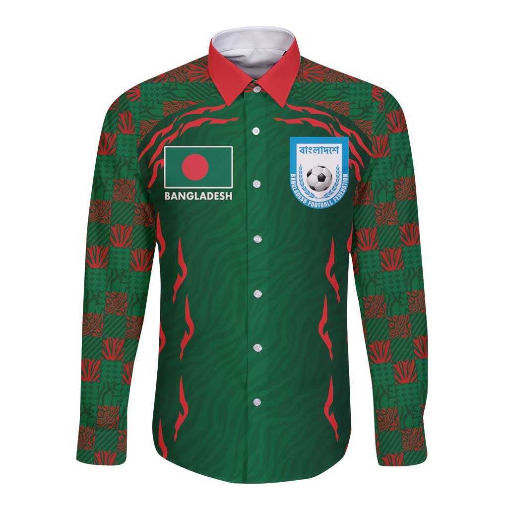 Custom Bangladesh Football Long Sleeve Button Shirt Bengal Tigers Green-Red Warriors