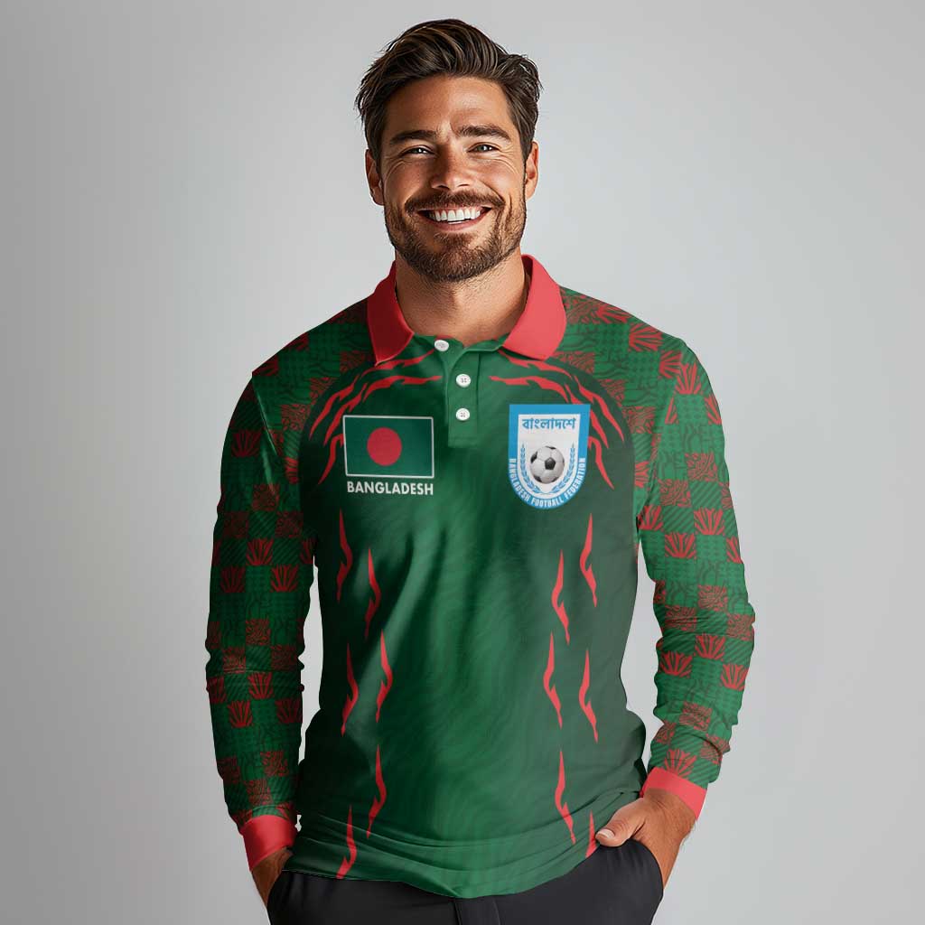 Custom Bangladesh Football Long Sleeve Polo Shirt Bengal Tigers Green-Red Warriors
