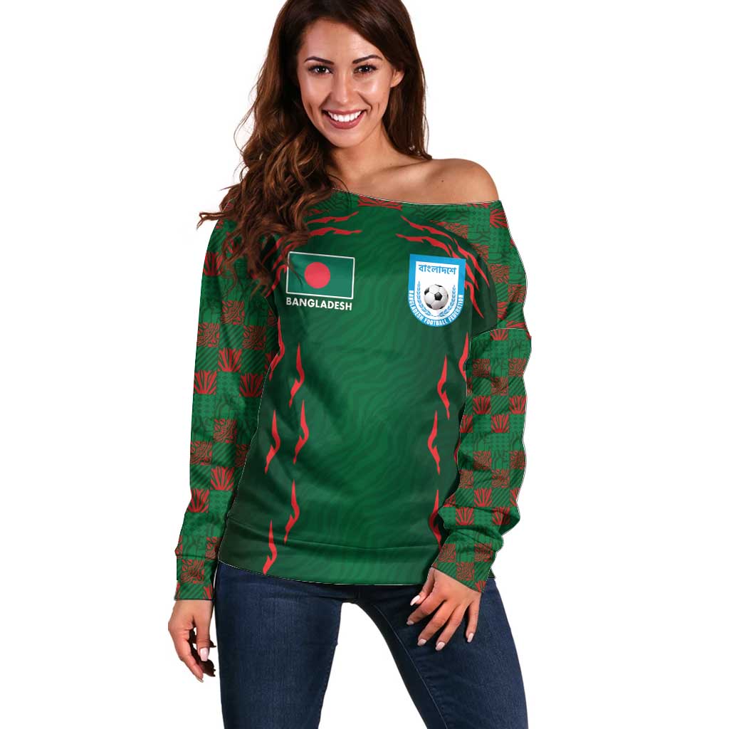 Custom Bangladesh Football Off Shoulder Sweater Bengal Tigers Green-Red Warriors