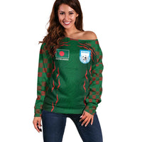 Custom Bangladesh Football Off Shoulder Sweater Bengal Tigers Green-Red Warriors