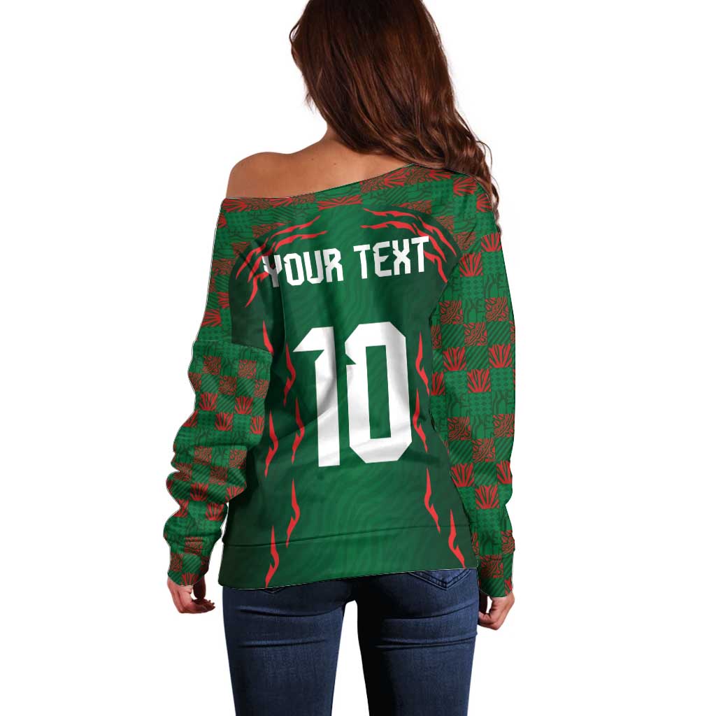 Custom Bangladesh Football Off Shoulder Sweater Bengal Tigers Green-Red Warriors