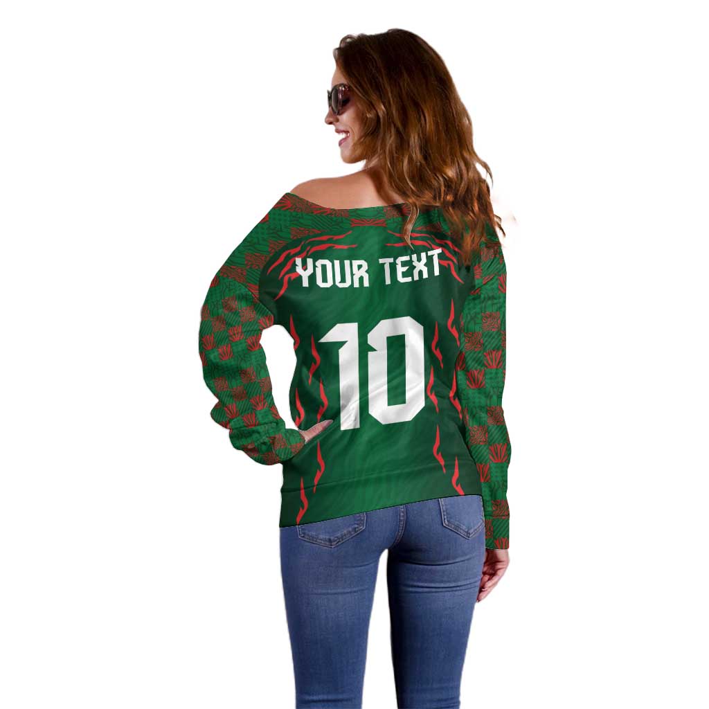 Custom Bangladesh Football Off Shoulder Sweater Bengal Tigers Green-Red Warriors