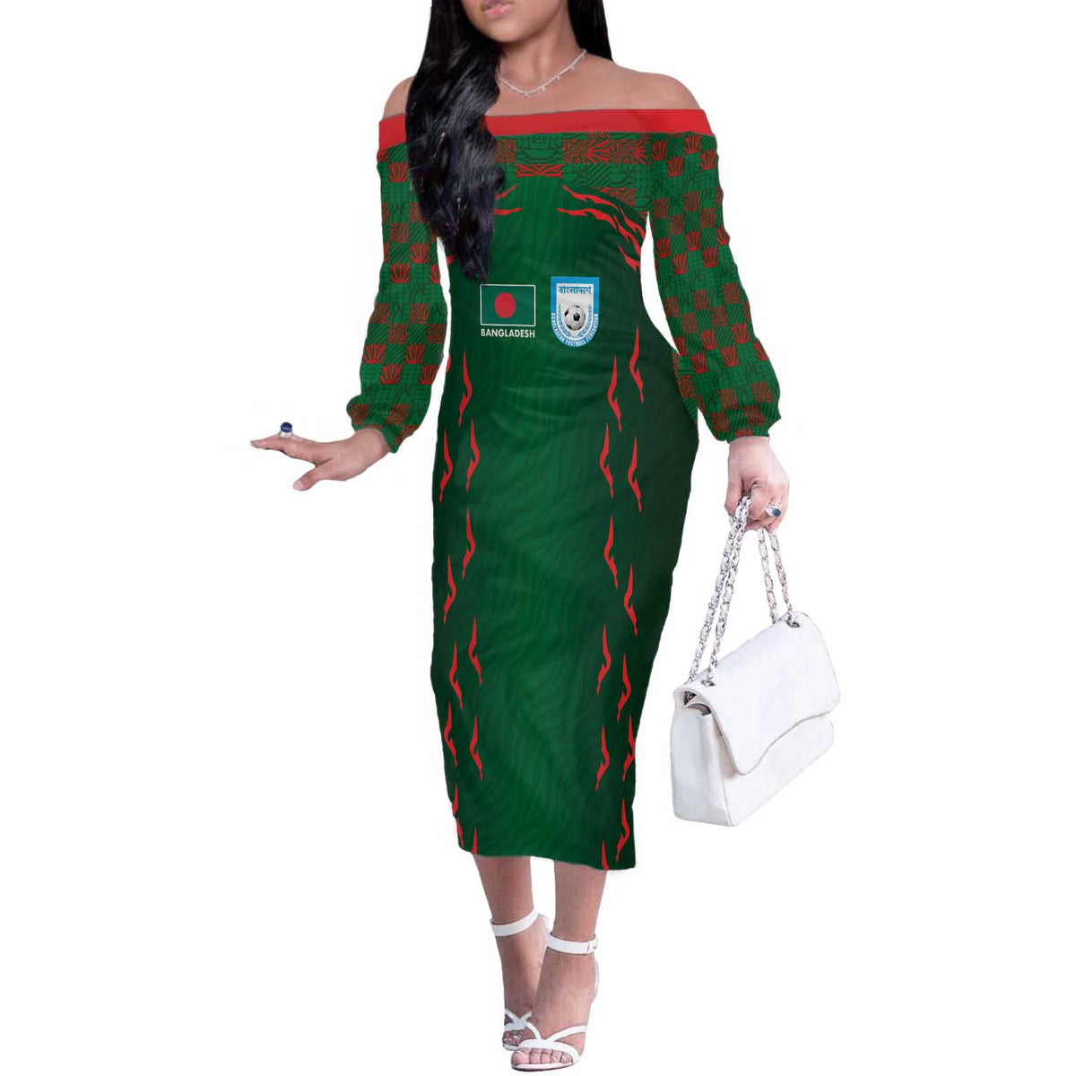 Custom Bangladesh Football Off The Shoulder Long Sleeve Dress Bengal Tigers Green-Red Warriors