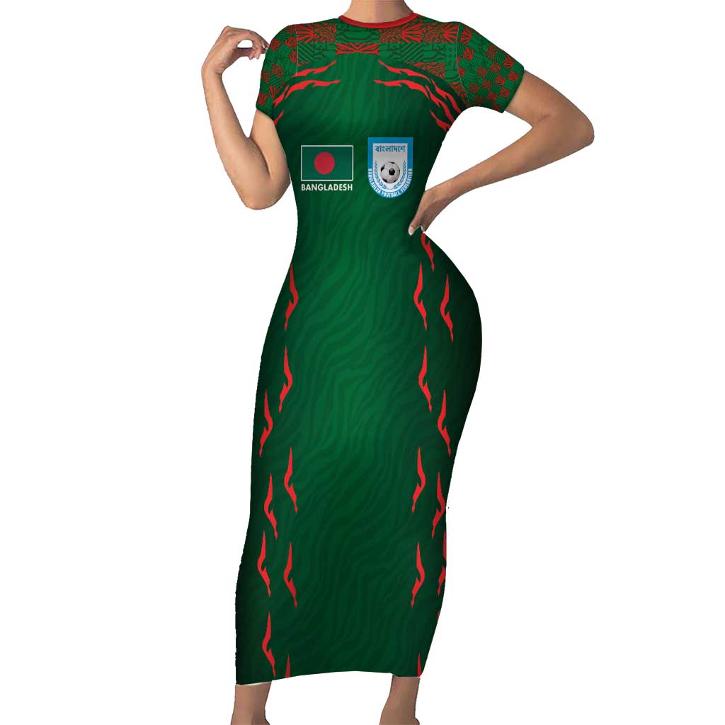 Custom Bangladesh Football Short Sleeve Bodycon Dress Bengal Tigers Green-Red Warriors
