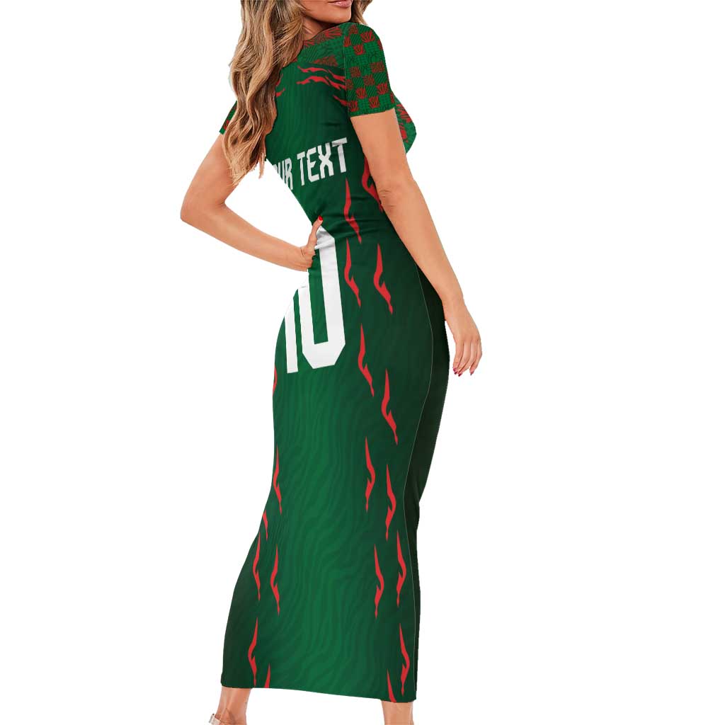Custom Bangladesh Football Short Sleeve Bodycon Dress Bengal Tigers Green-Red Warriors