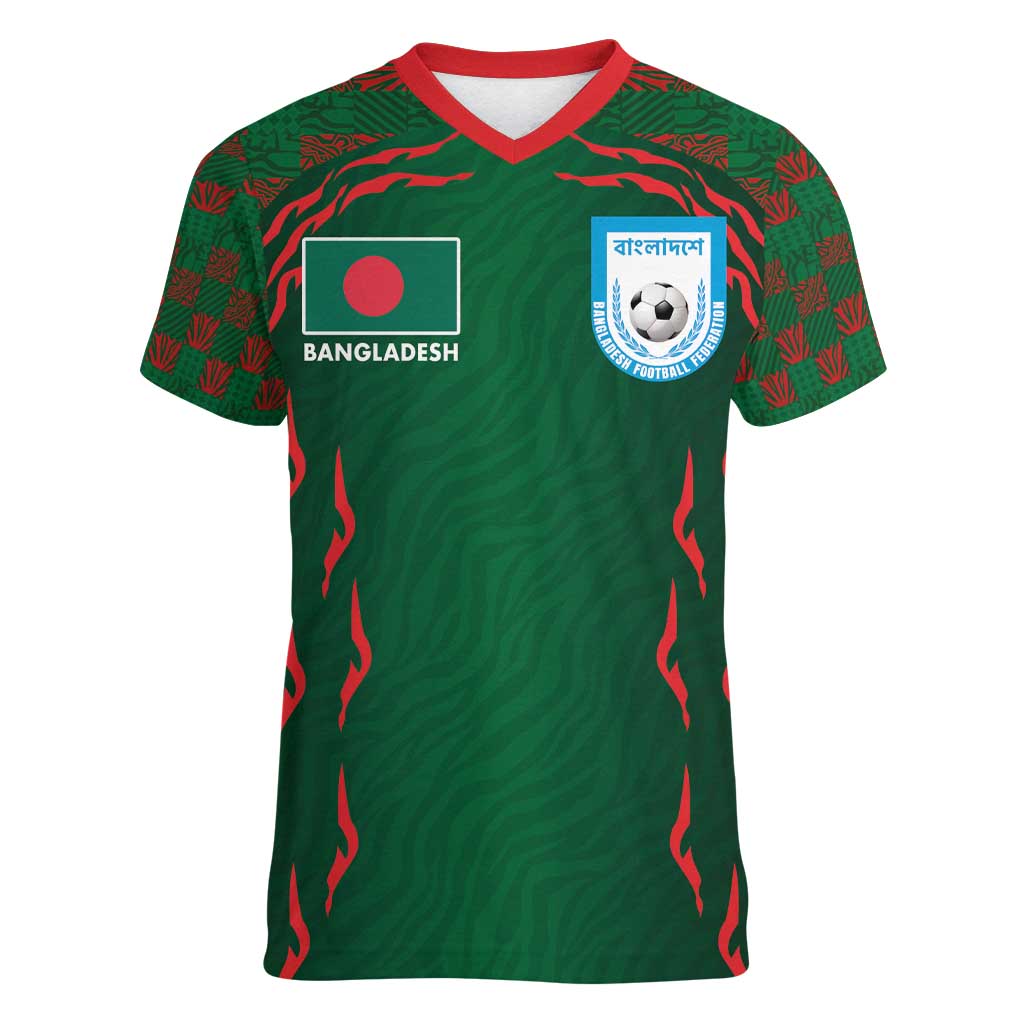 Custom Bangladesh Football Women V-Neck T-Shirt Bengal Tigers Green-Red Warriors