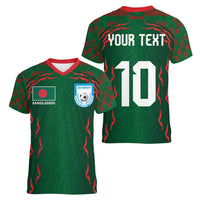 Custom Bangladesh Football Women V-Neck T-Shirt Bengal Tigers Green-Red Warriors