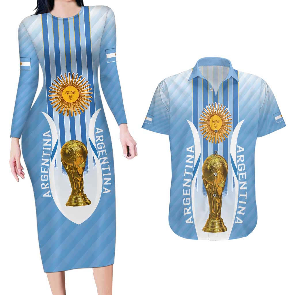 Custom Argentina Football Couples Matching Long Sleeve Bodycon Dress and Hawaiian Shirt The Trophy Vamos La Albiceleste - Wonder Print Shop