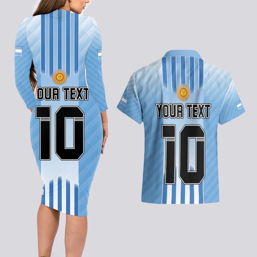 Custom Argentina Football Couples Matching Long Sleeve Bodycon Dress and Hawaiian Shirt The Trophy Vamos La Albiceleste - Wonder Print Shop