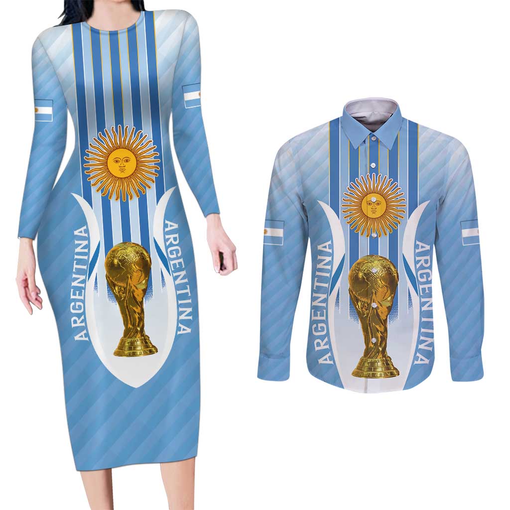 Custom Argentina Football Couples Matching Long Sleeve Bodycon Dress and Long Sleeve Button Shirt The Trophy Vamos La Albiceleste - Wonder Print Shop