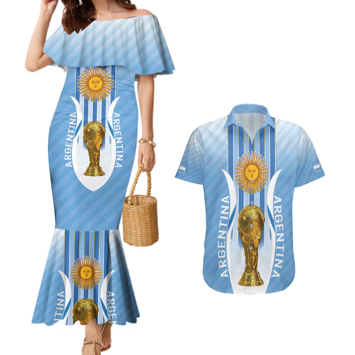 Custom Argentina Football Couples Matching Mermaid Dress and Hawaiian Shirt The Trophy Vamos La Albiceleste - Wonder Print Shop