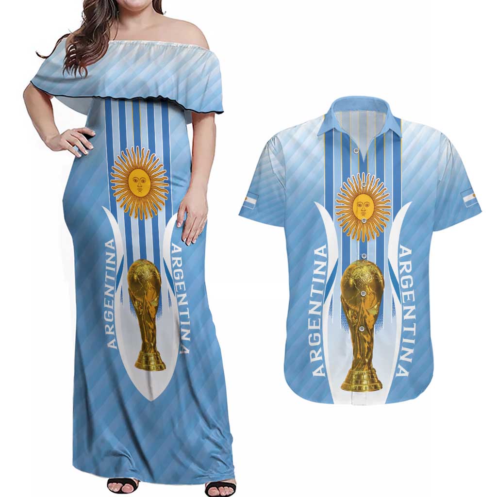 Custom Argentina Football Couples Matching Off Shoulder Maxi Dress and Hawaiian Shirt The Trophy Vamos La Albiceleste - Wonder Print Shop