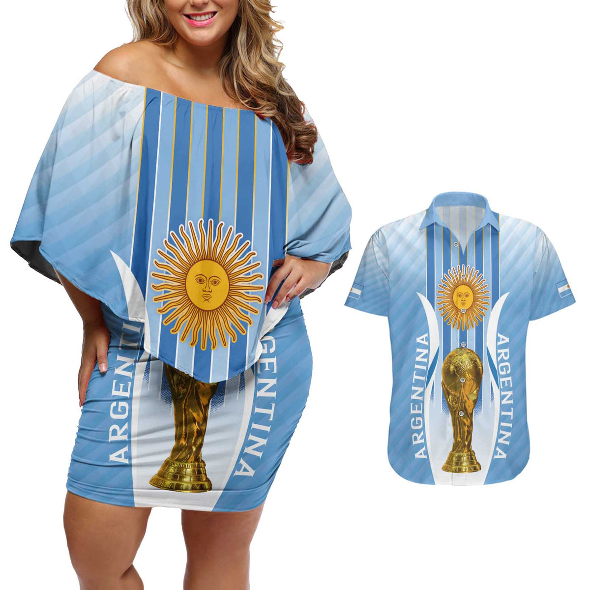 Custom Argentina Football Couples Matching Off Shoulder Short Dress and Hawaiian Shirt The Trophy Vamos La Albiceleste - Wonder Print Shop