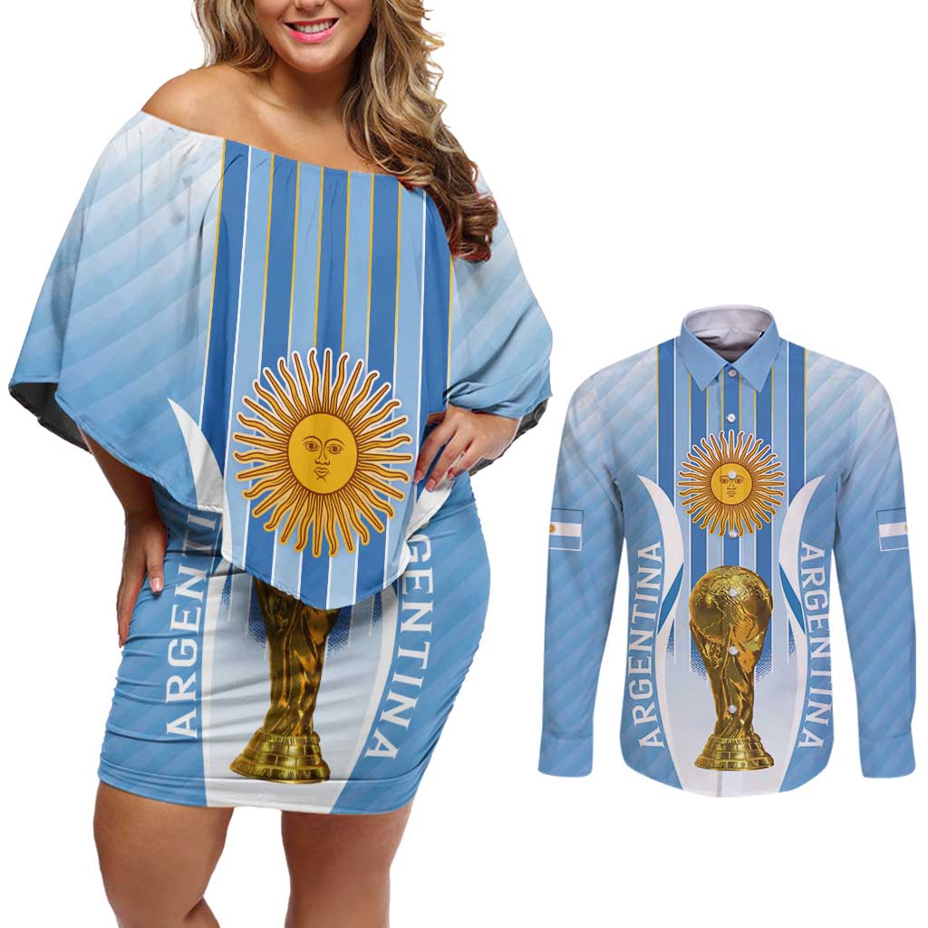 Custom Argentina Football Couples Matching Off Shoulder Short Dress and Long Sleeve Button Shirt The Trophy Vamos La Albiceleste - Wonder Print Shop