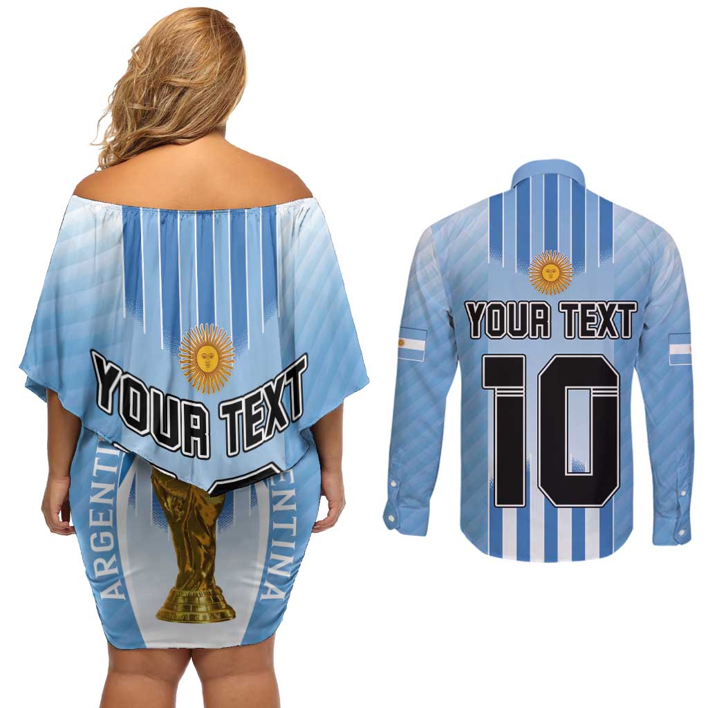Custom Argentina Football Couples Matching Off Shoulder Short Dress and Long Sleeve Button Shirt The Trophy Vamos La Albiceleste - Wonder Print Shop