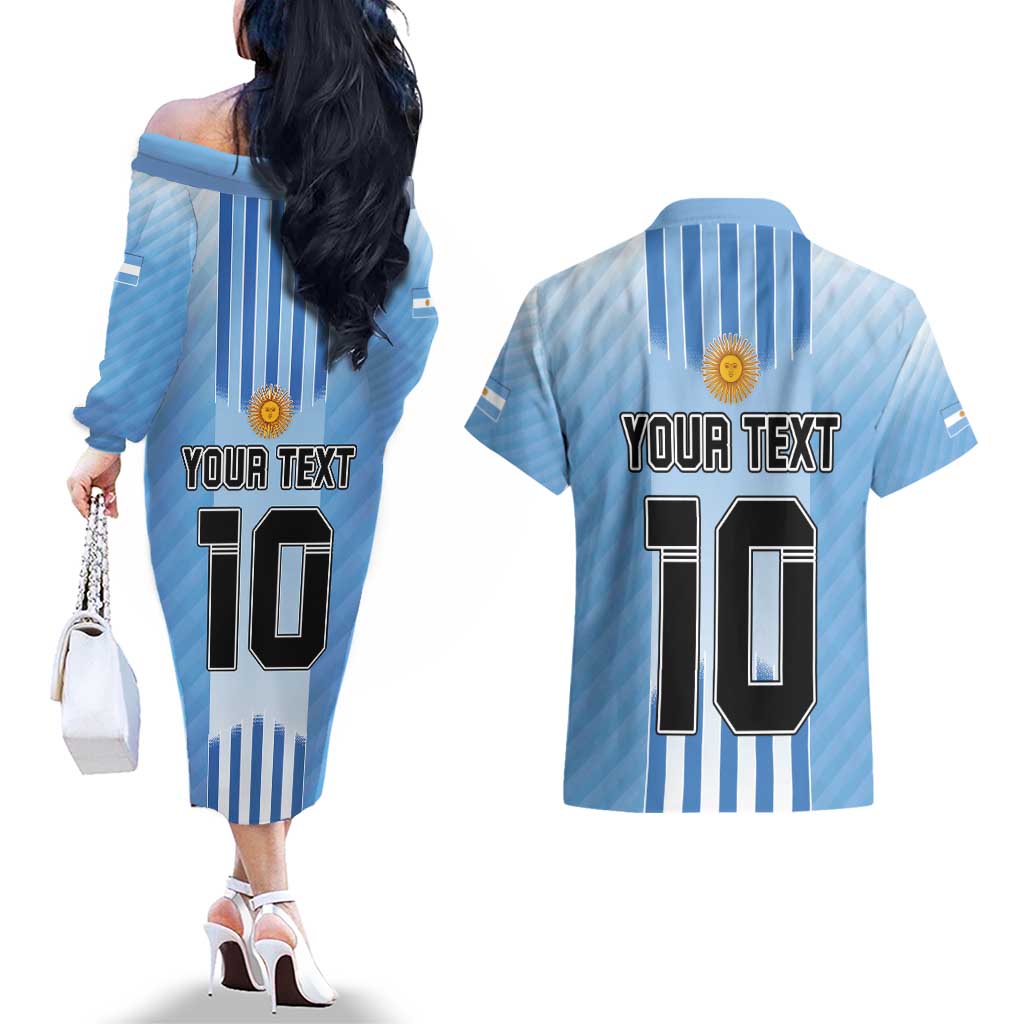 Custom Argentina Football Couples Matching Off The Shoulder Long Sleeve Dress and Hawaiian Shirt The Trophy Vamos La Albiceleste - Wonder Print Shop