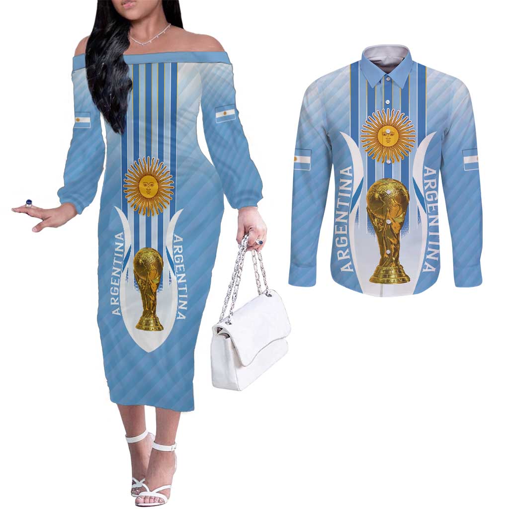 Custom Argentina Football Couples Matching Off The Shoulder Long Sleeve Dress and Long Sleeve Button Shirt The Trophy Vamos La Albiceleste