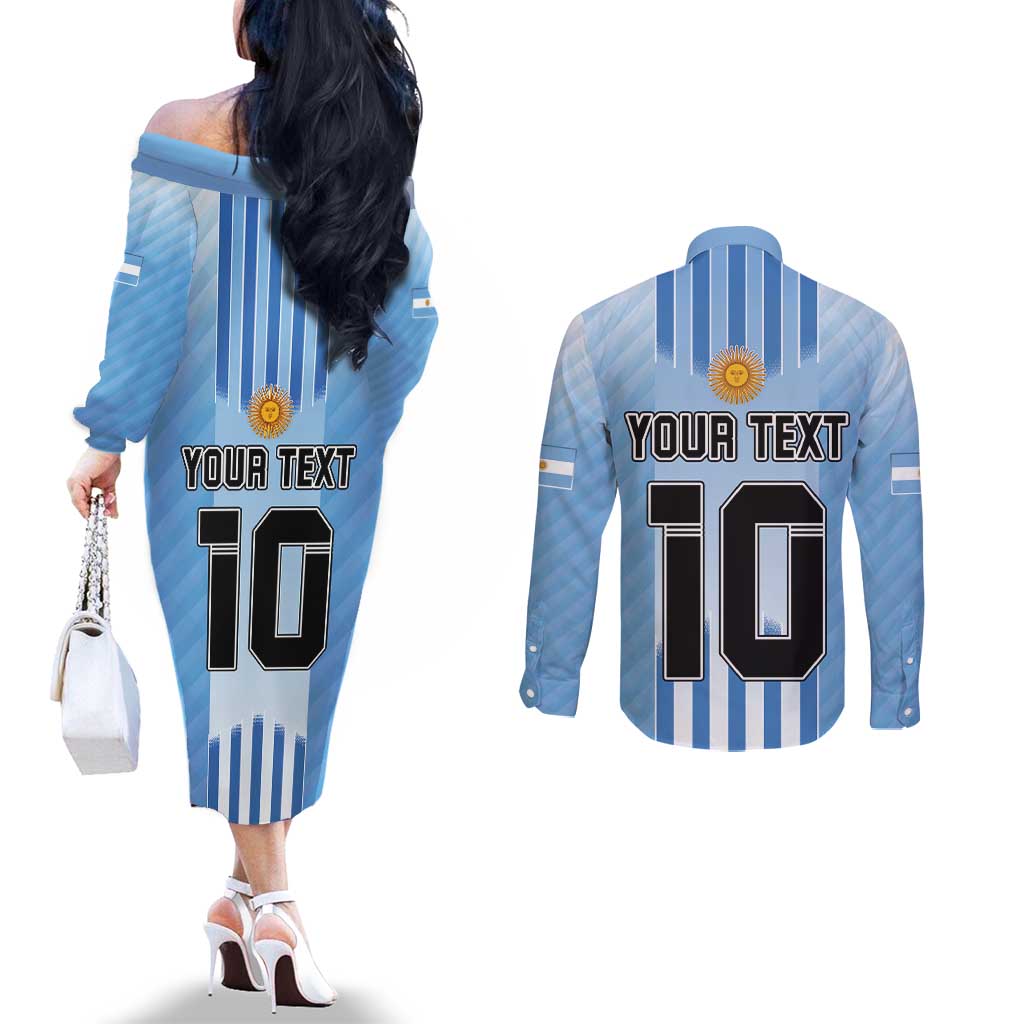Custom Argentina Football Couples Matching Off The Shoulder Long Sleeve Dress and Long Sleeve Button Shirt The Trophy Vamos La Albiceleste