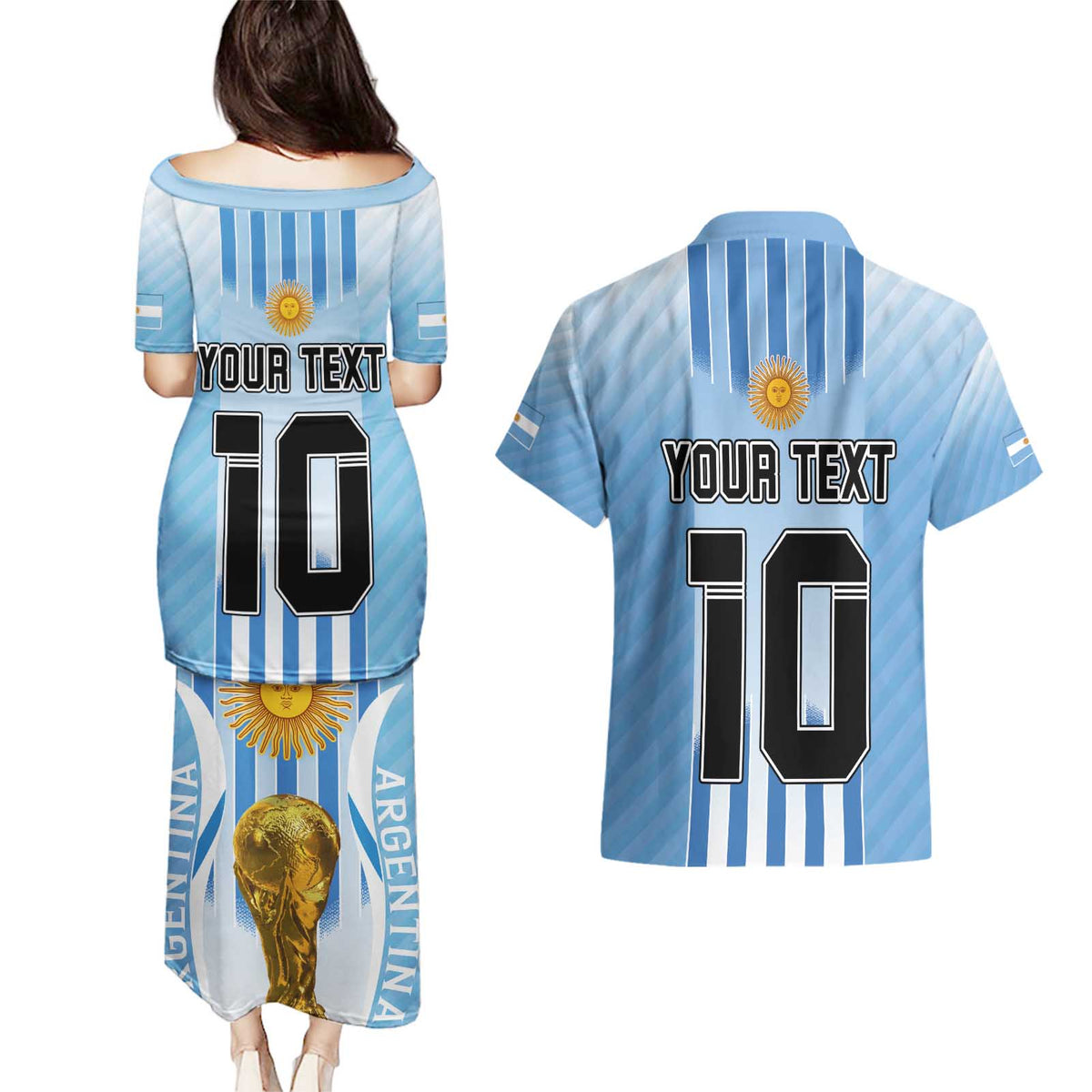 Custom Argentina Football Couples Matching Puletasi and Hawaiian Shirt The Trophy Vamos La Albiceleste - Wonder Print Shop