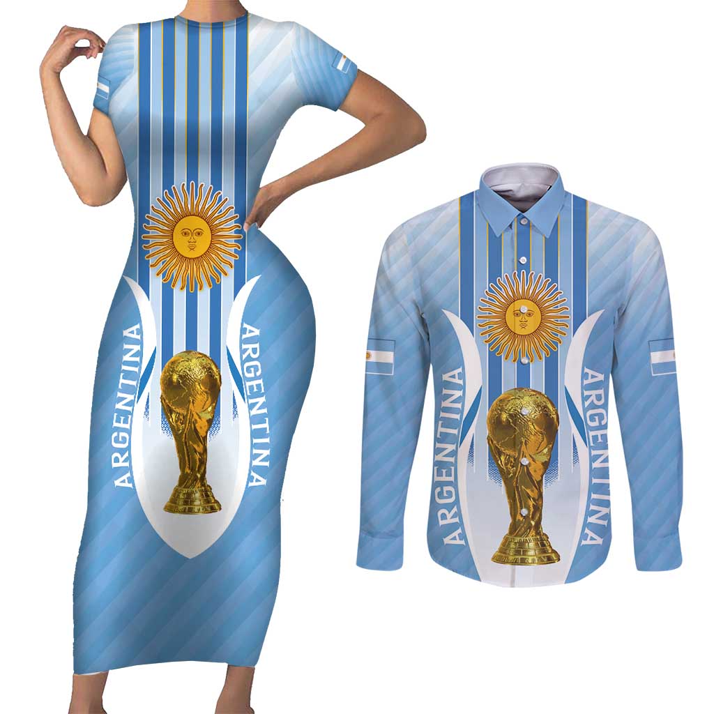 Custom Argentina Football Couples Matching Short Sleeve Bodycon Dress and Long Sleeve Button Shirt The Trophy Vamos La Albiceleste - Wonder Print Shop