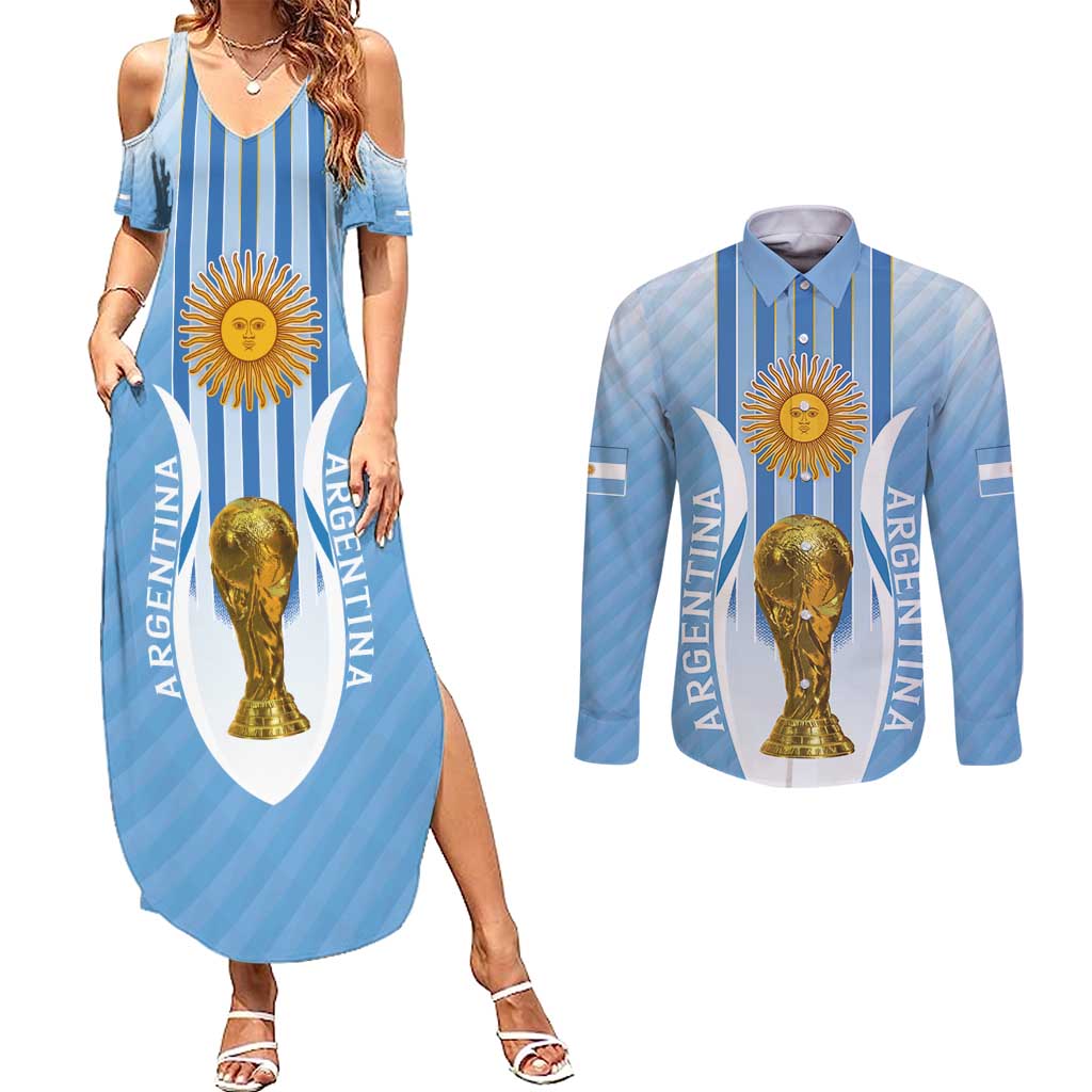 Custom Argentina Football Couples Matching Summer Maxi Dress and Long Sleeve Button Shirt The Trophy Vamos La Albiceleste - Wonder Print Shop
