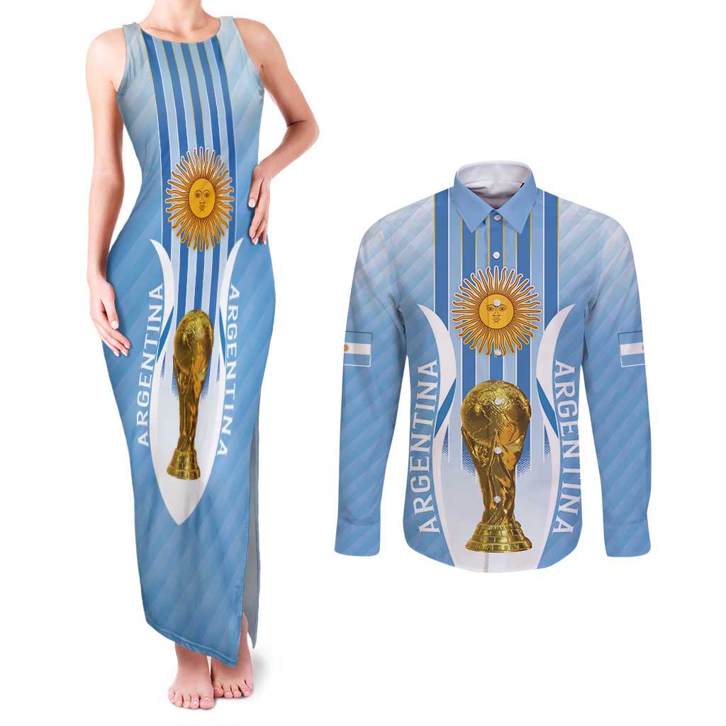 Custom Argentina Football Couples Matching Tank Maxi Dress and Long Sleeve Button Shirt The Trophy Vamos La Albiceleste - Wonder Print Shop