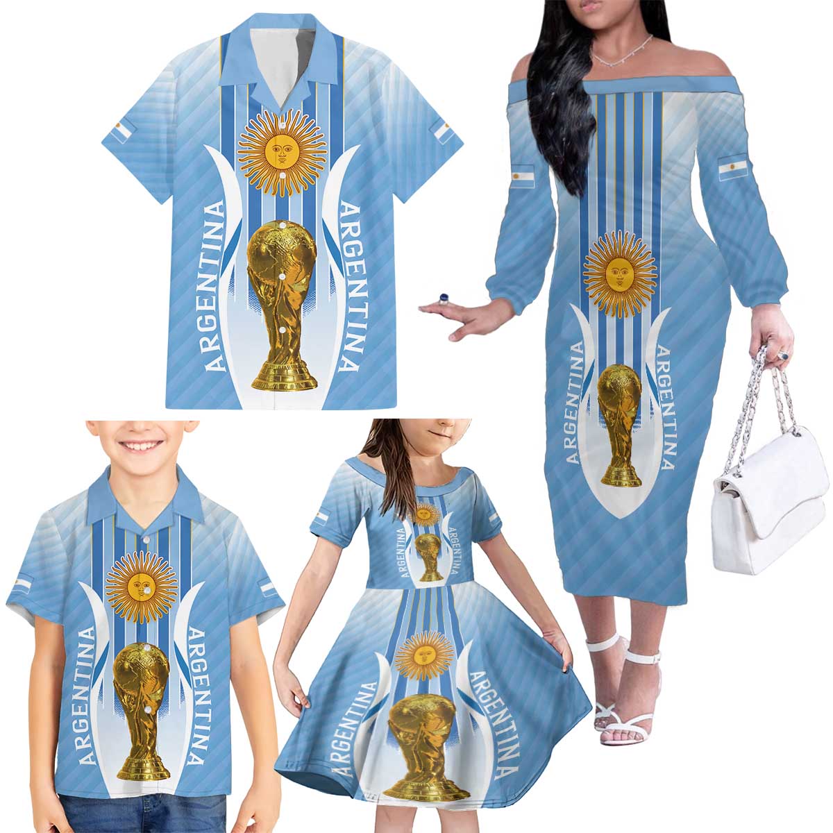 Custom Argentina Football Family Matching Off The Shoulder Long Sleeve Dress and Hawaiian Shirt The Trophy Vamos La Albiceleste - Wonder Print Shop