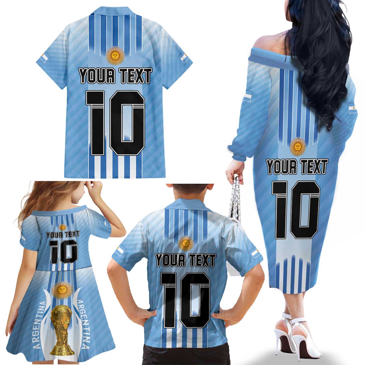Custom Argentina Football Family Matching Off The Shoulder Long Sleeve Dress and Hawaiian Shirt The Trophy Vamos La Albiceleste - Wonder Print Shop