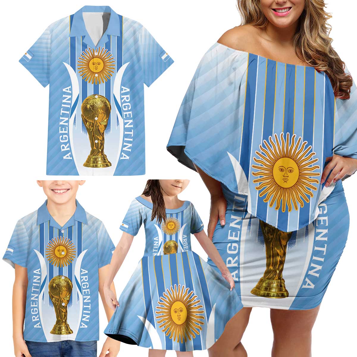 Custom Argentina Football Family Matching Off Shoulder Short Dress and Hawaiian Shirt The Trophy Vamos La Albiceleste - Wonder Print Shop