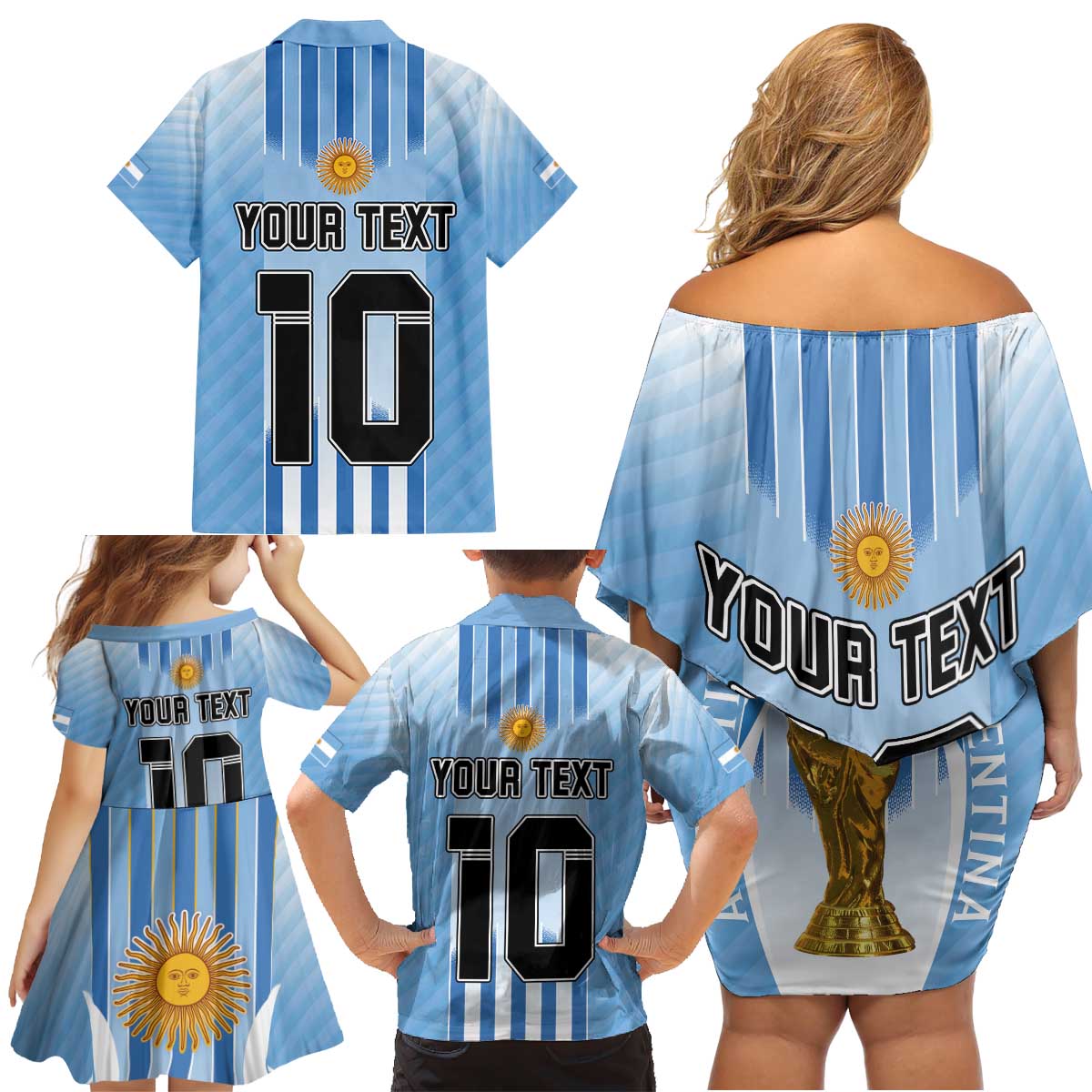 Custom Argentina Football Family Matching Off Shoulder Short Dress and Hawaiian Shirt The Trophy Vamos La Albiceleste - Wonder Print Shop