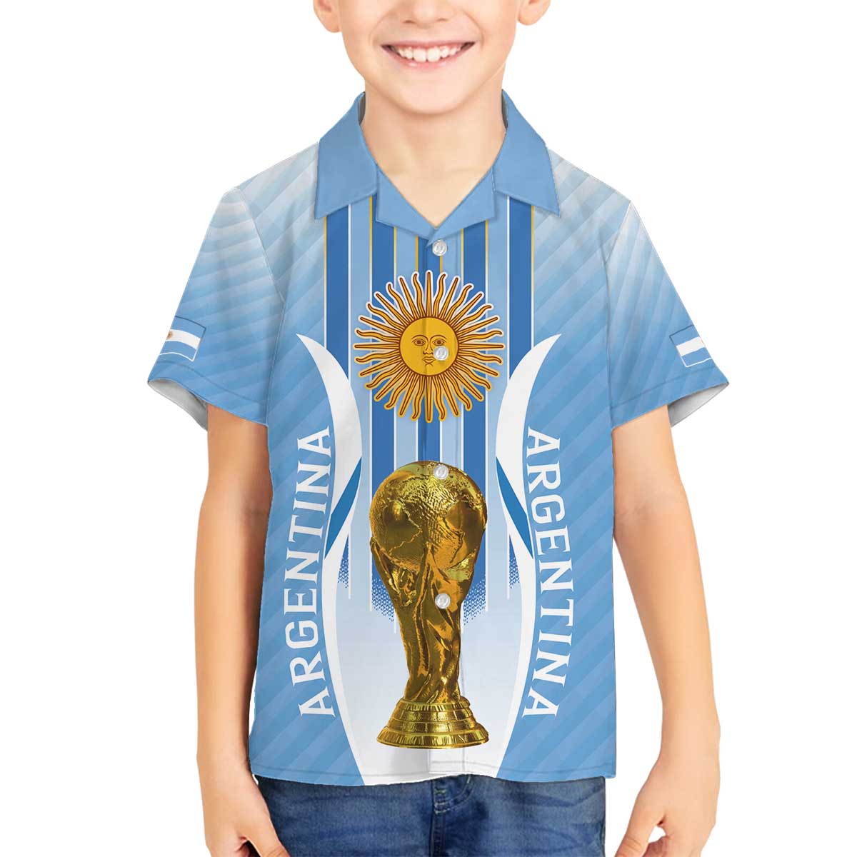 Custom Argentina Football Family Matching Off Shoulder Short Dress and Hawaiian Shirt The Trophy Vamos La Albiceleste - Wonder Print Shop